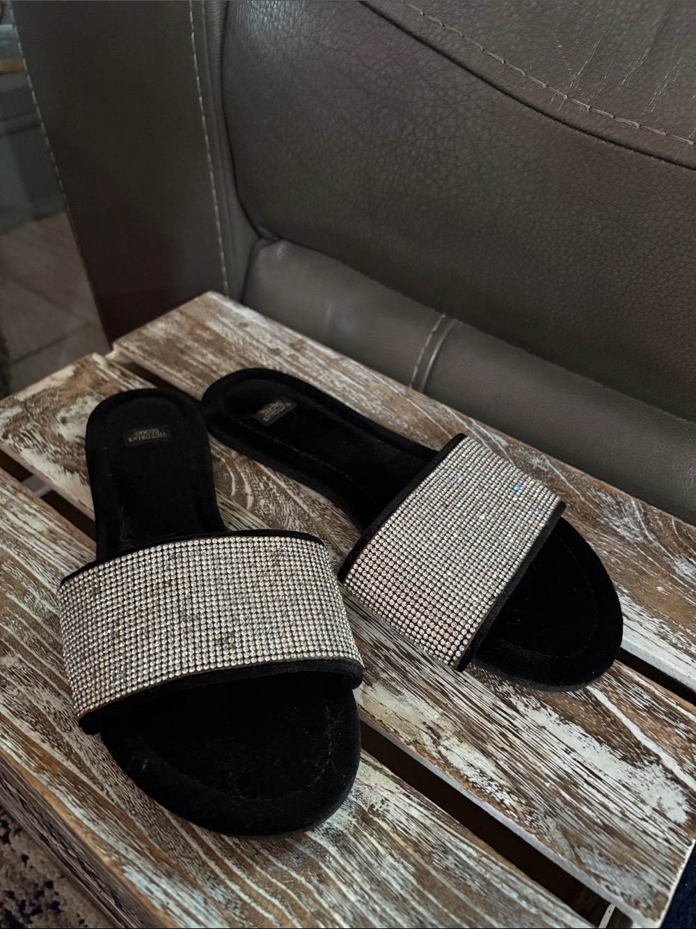 Victoria's Secret Black Slide Sandals with Crystal-Embellished Strap